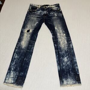 Akoo No Rivals Big Oak Fit Jeans 34 Blue Bleached Distressed Destroyed Thrashed